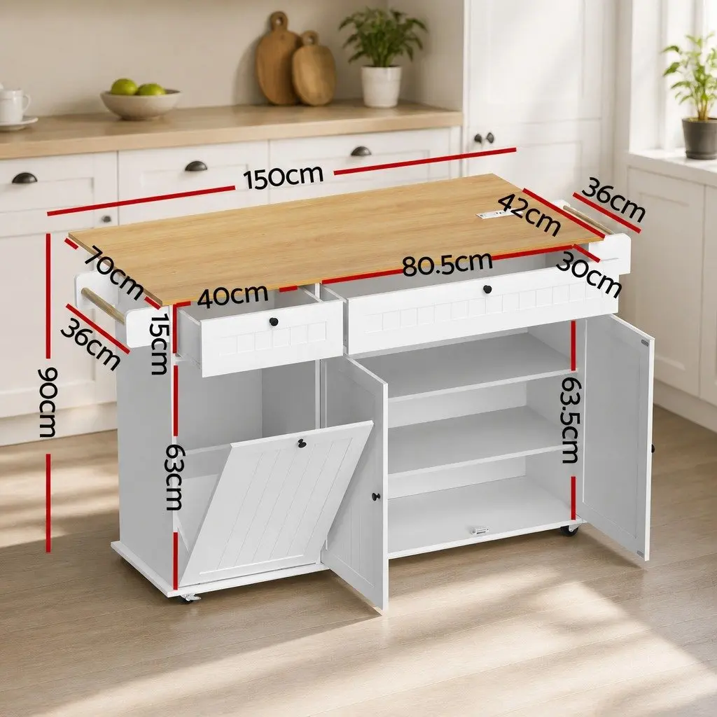 Kitchen Island Trolley Rolling Serving Cart Storage Drawer Cabinet 150cm White