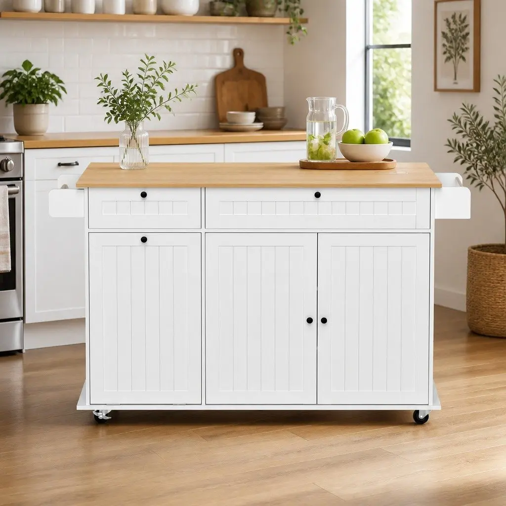 Kitchen Island Trolley Rolling Serving Cart Storage Drawer Cabinet 150cm White