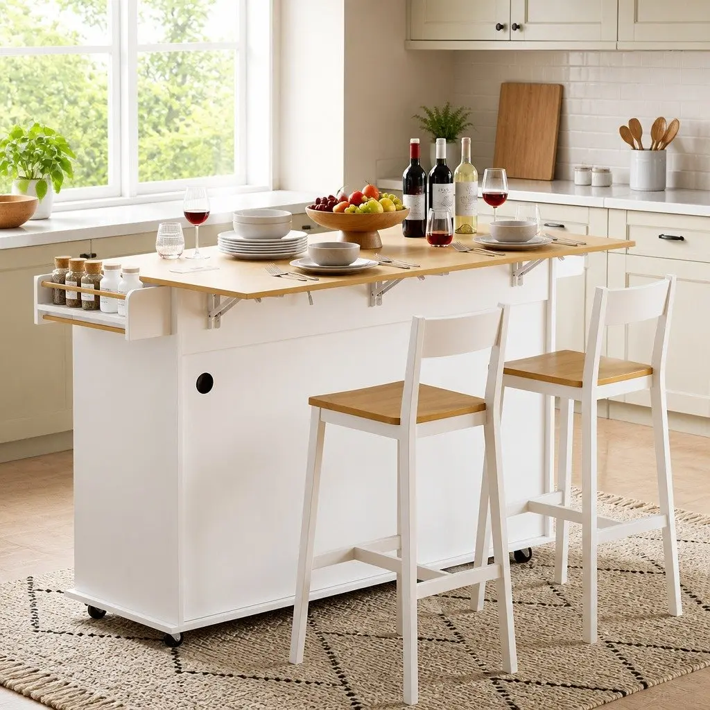 Kitchen Island Trolley Rolling Serving Cart Storage Drawer Cabinet 150cm White