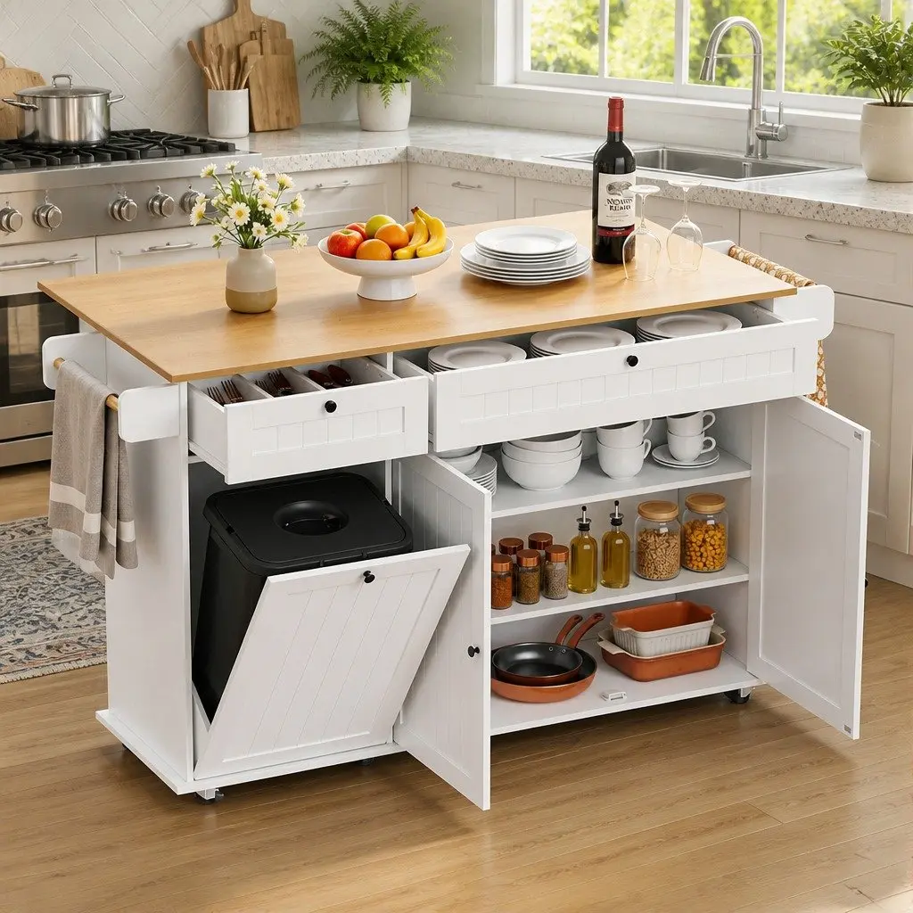 Kitchen Island Trolley Rolling Serving Cart Storage Drawer Cabinet 150cm White