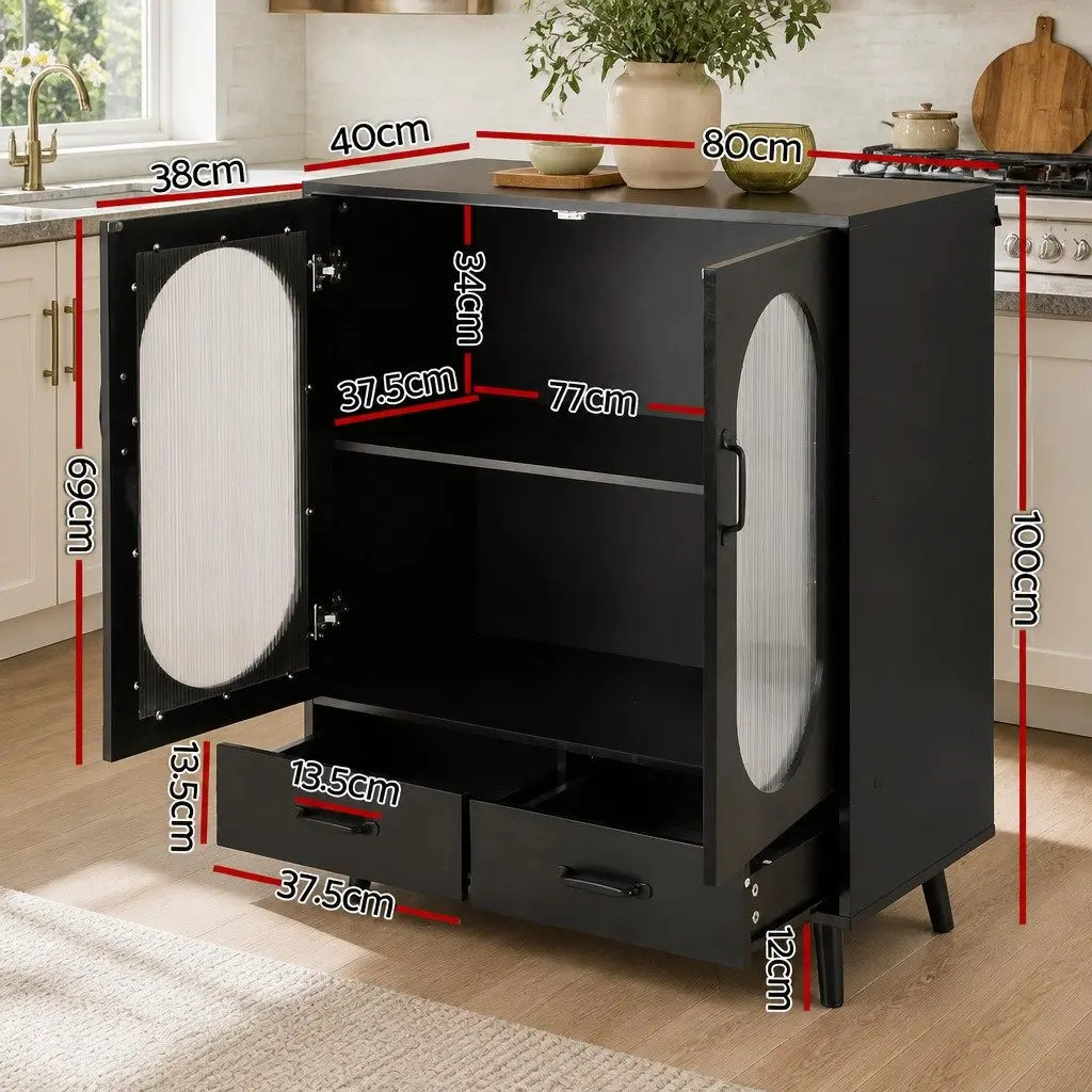 Buffet Sideboard Storage Cabinet Black 80cm Particle Board Acrylic Plastic Pinewood