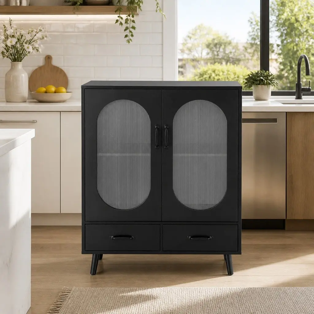 Buffet Sideboard Storage Cabinet Black 80cm Particle Board Acrylic Plastic Pinewood