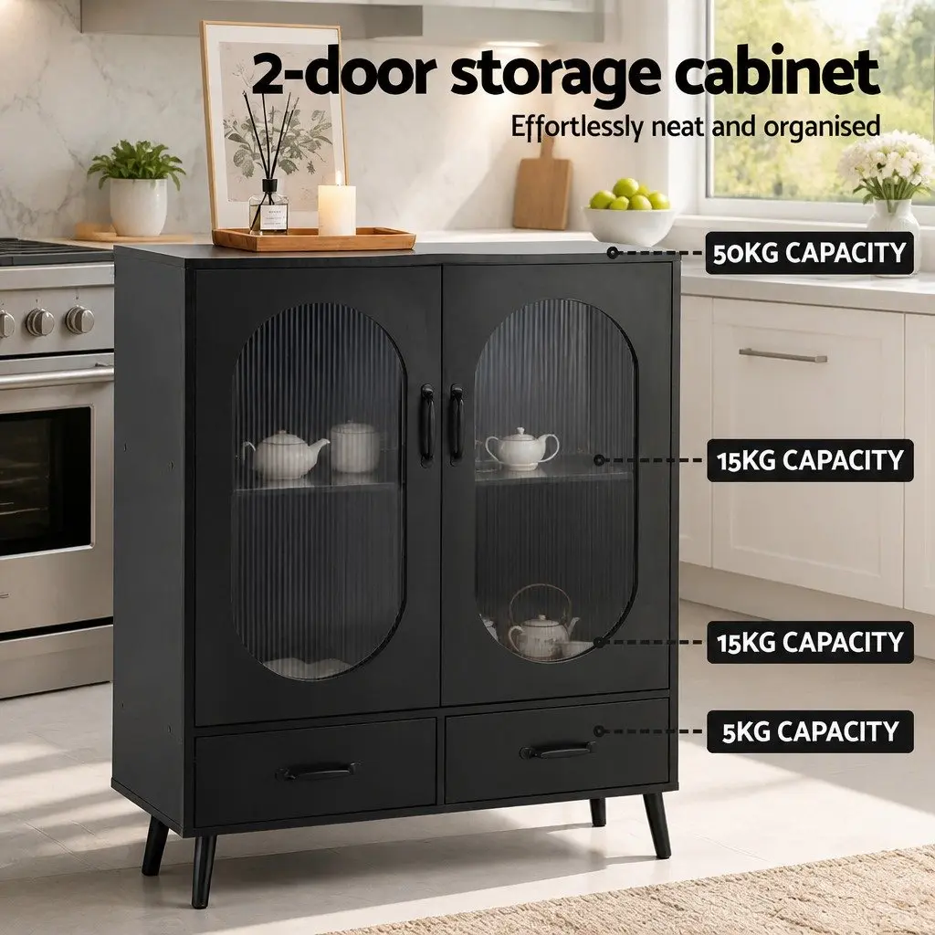 Buffet Sideboard Storage Cabinet Black 80cm Particle Board Acrylic Plastic Pinewood