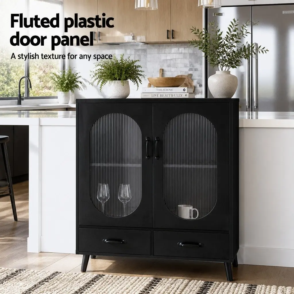 Buffet Sideboard Storage Cabinet Black 80cm Particle Board Acrylic Plastic Pinewood