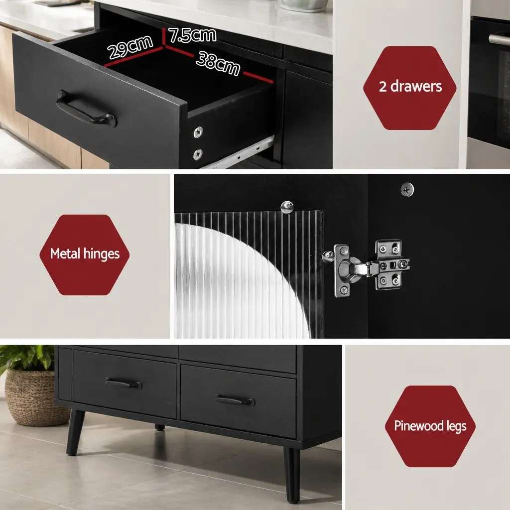 Buffet Sideboard Storage Cabinet Black 80cm Particle Board Acrylic Plastic Pinewood