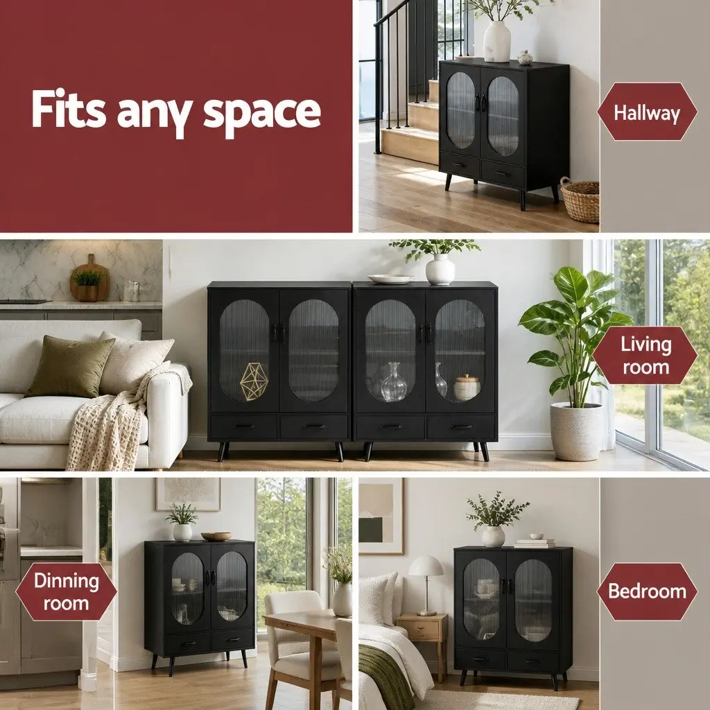 Buffet Sideboard Storage Cabinet Black 80cm Particle Board Acrylic Plastic Pinewood