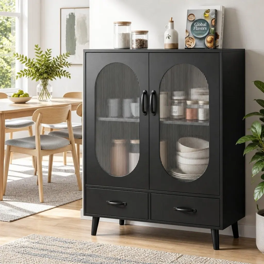 Buffet Sideboard Storage Cabinet Black 80cm Particle Board Acrylic Plastic Pinewood