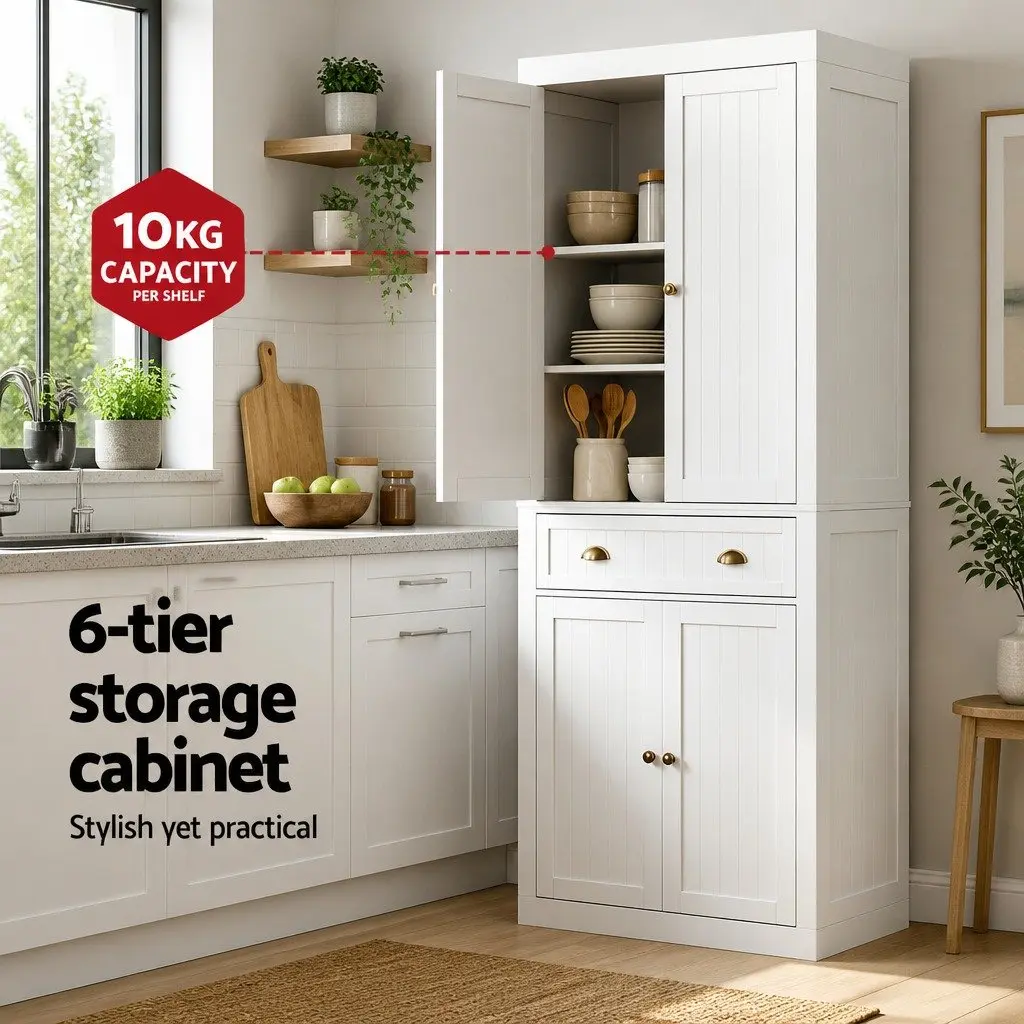 Buffet Sideboard White 6-Tier Storage MDF Cabinet Dining Room Furniture
