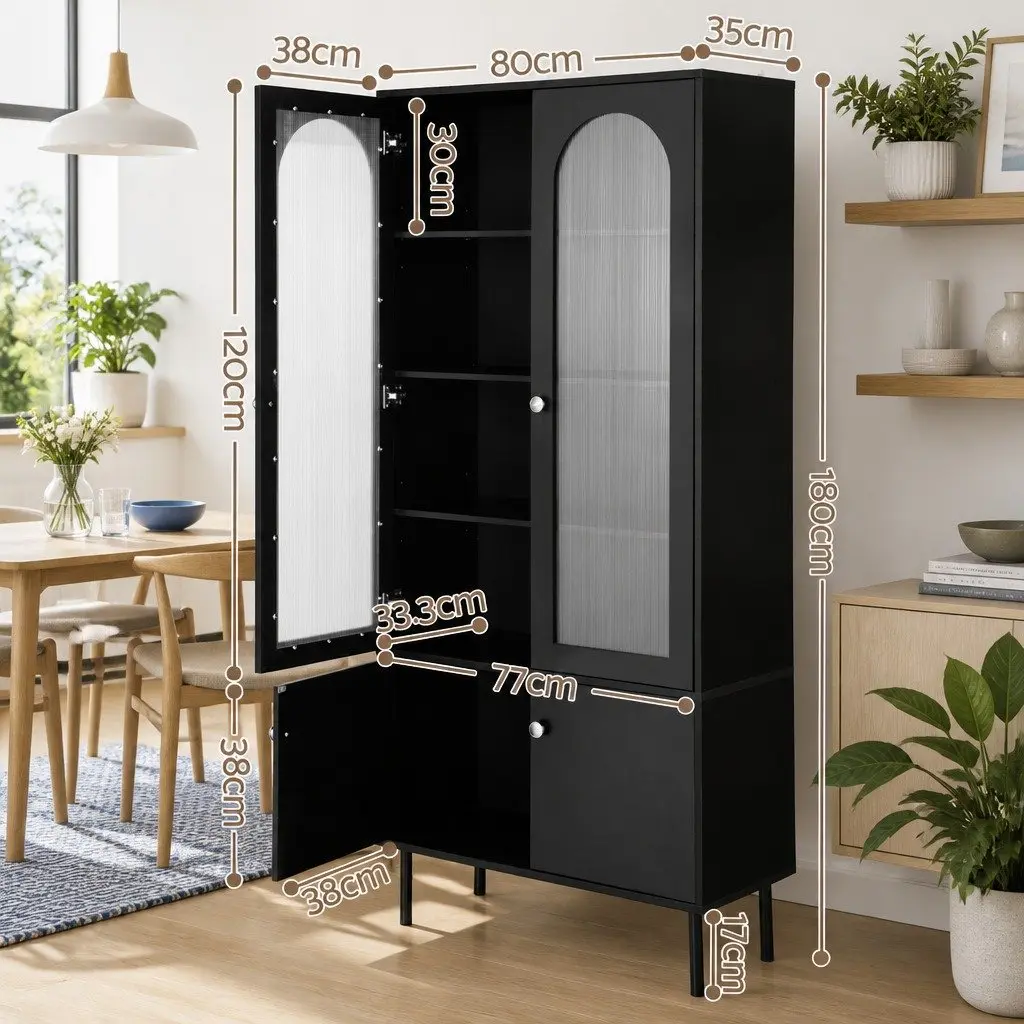 Buffet Sideboard Cabinet Fluted Door 5-Tier Storage Black Particle Board Acrylic Plastic