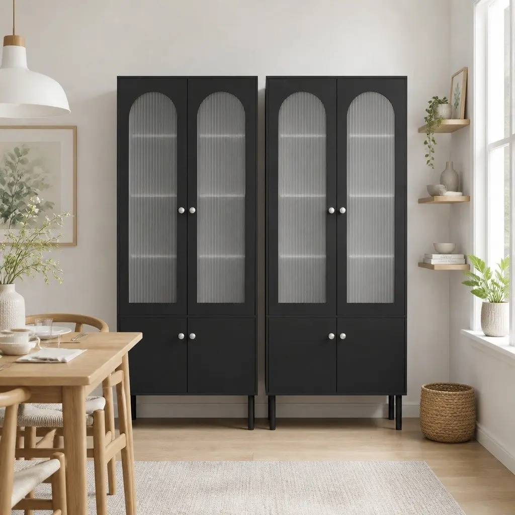Buffet Sideboard Cabinet Fluted Door 5-Tier Storage Black Particle Board Acrylic Plastic