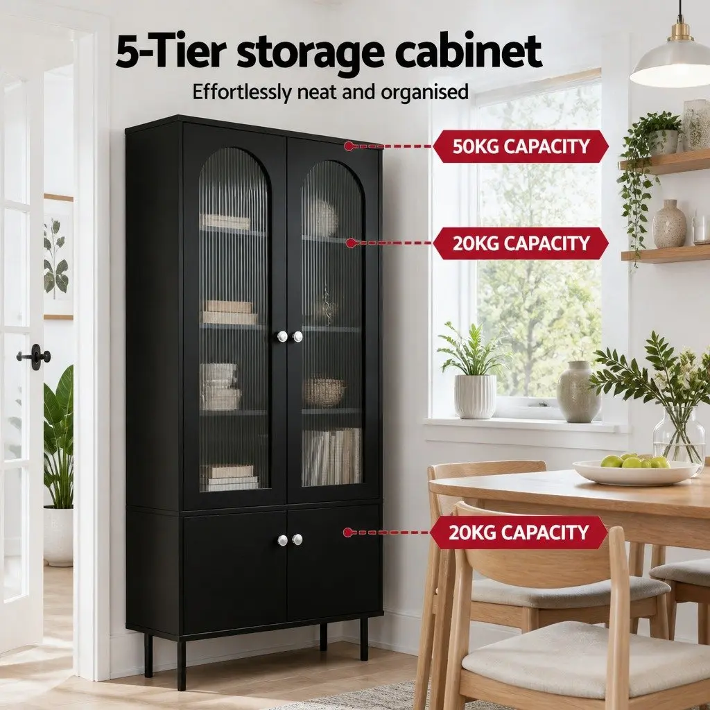 Buffet Sideboard Cabinet Fluted Door 5-Tier Storage Black Particle Board Acrylic Plastic