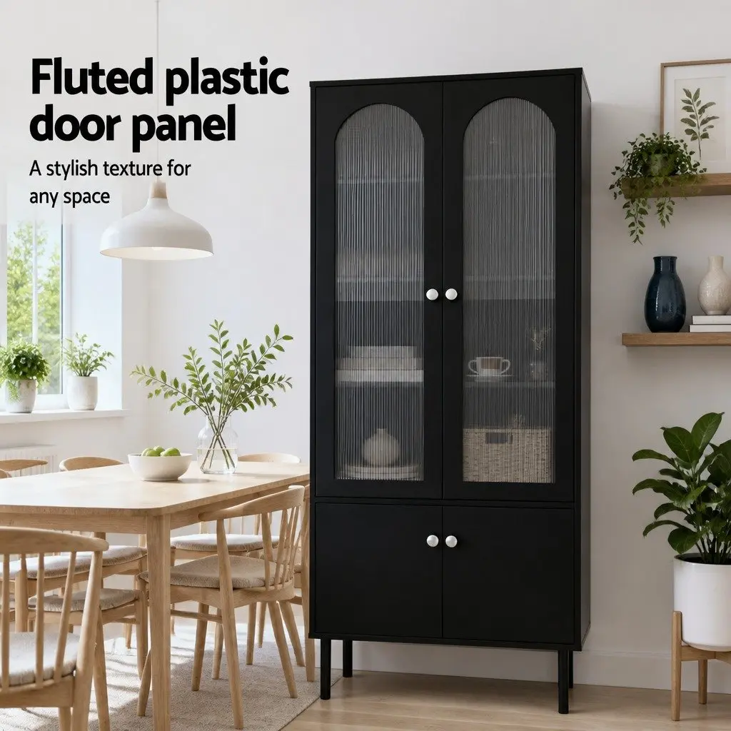 Buffet Sideboard Cabinet Fluted Door 5-Tier Storage Black Particle Board Acrylic Plastic