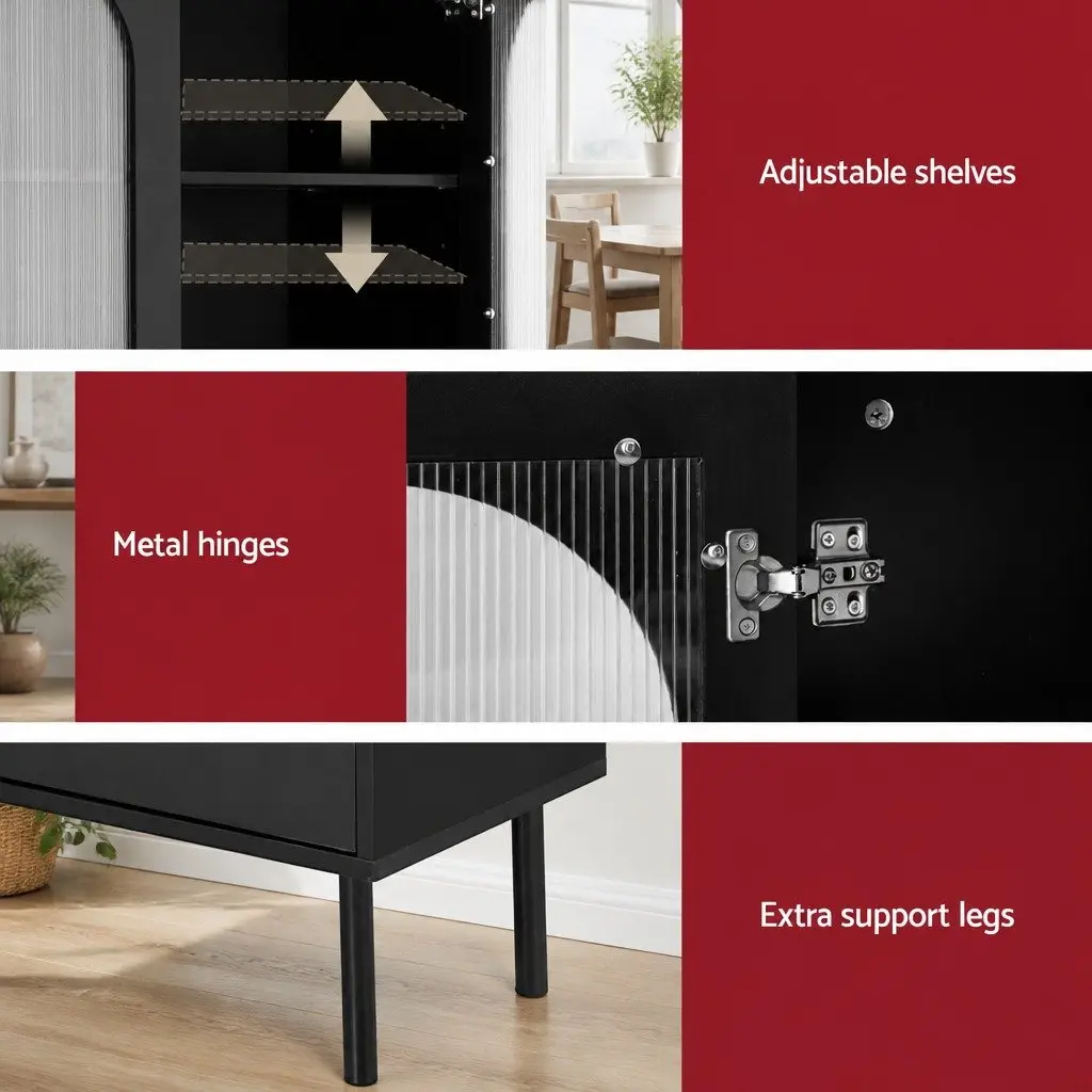 Buffet Sideboard Cabinet Fluted Door 5-Tier Storage Black Particle Board Acrylic Plastic