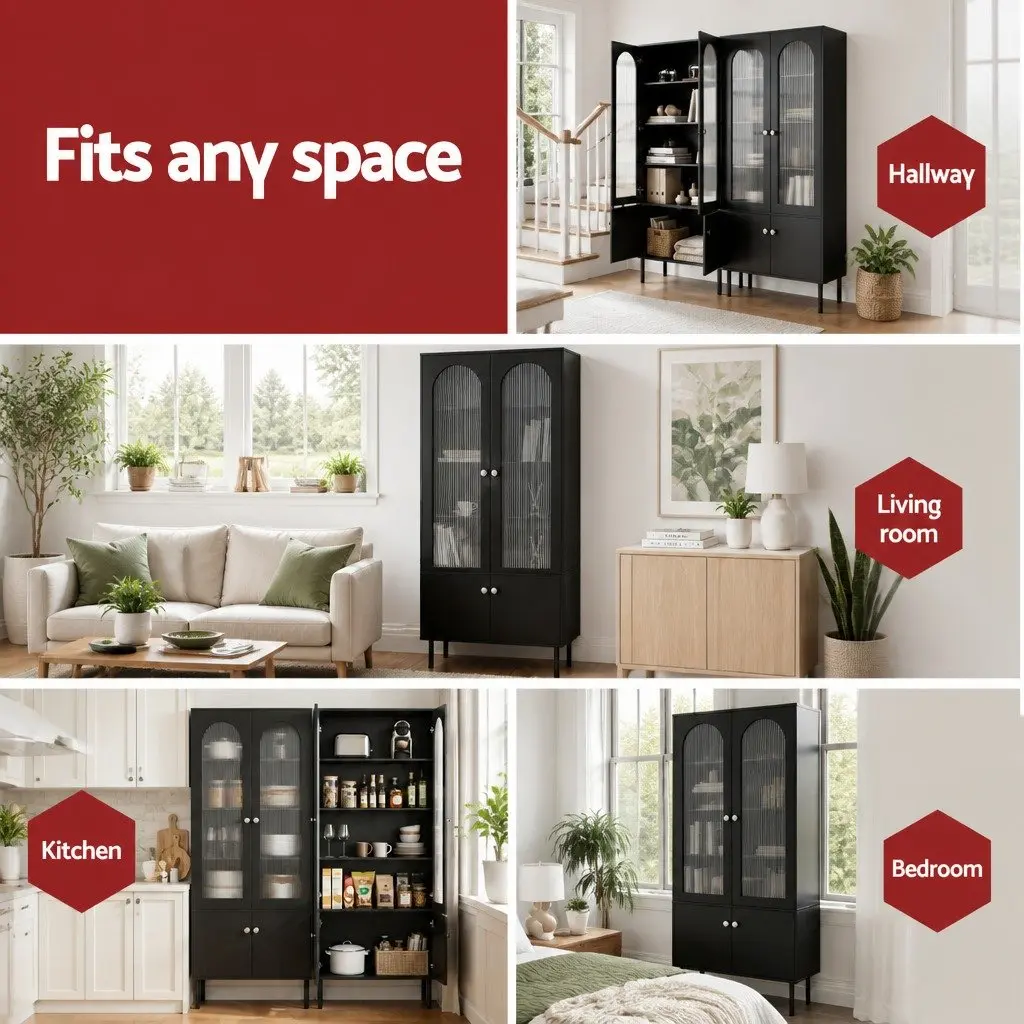 Buffet Sideboard Cabinet Fluted Door 5-Tier Storage Black Particle Board Acrylic Plastic
