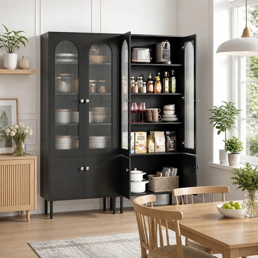 Buffet Sideboard Cabinet Fluted Door 5-Tier Storage Black Particle Board Acrylic Plastic