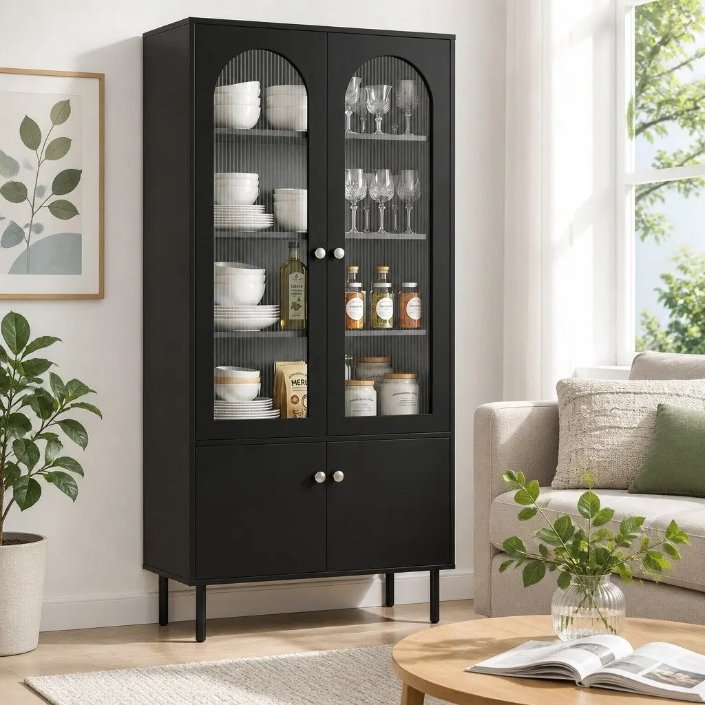 Buffet Sideboard Black 5-Tier Storage Cabinet Particle Board Acrylic Plastic