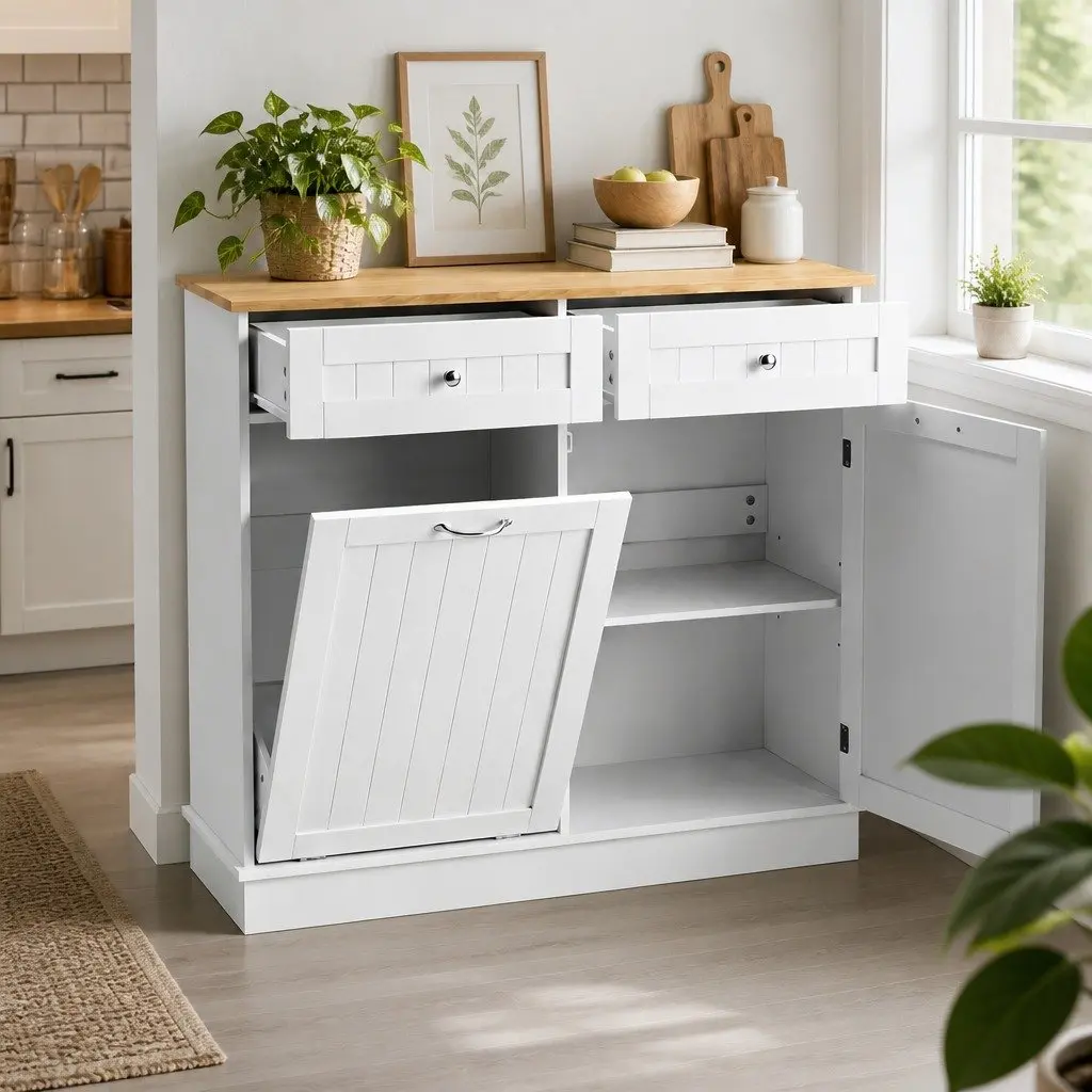 Buffet Sideboard Cabinet White Tilt Out Bin Holder Kitchen Storage Cupboard 100cm Particle Board