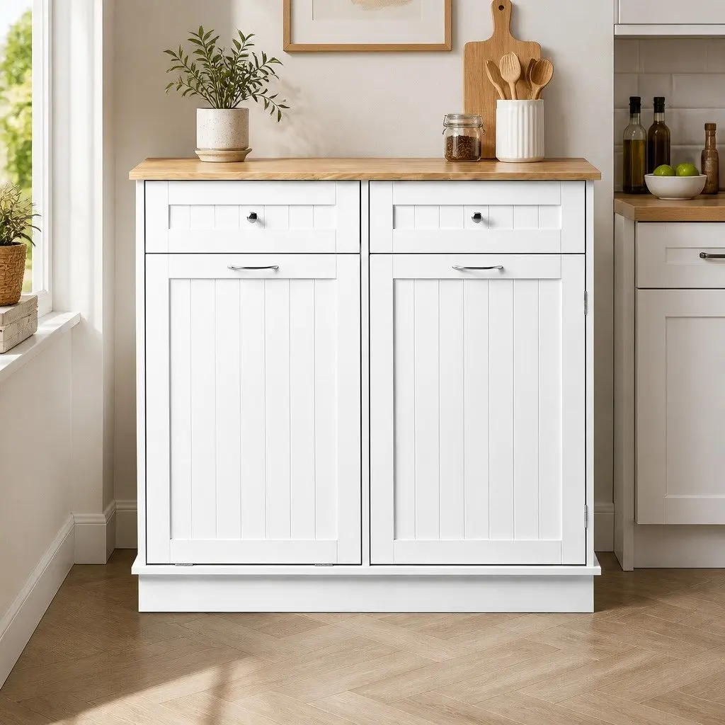 Buffet Sideboard Cabinet White Tilt Out Bin Holder Kitchen Storage Cupboard 100cm Particle Board