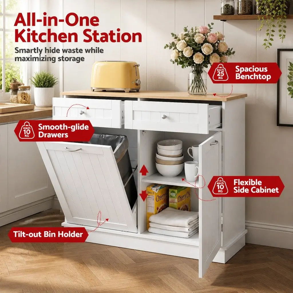 Buffet Sideboard Cabinet White Tilt Out Bin Holder Kitchen Storage Cupboard 100cm Particle Board