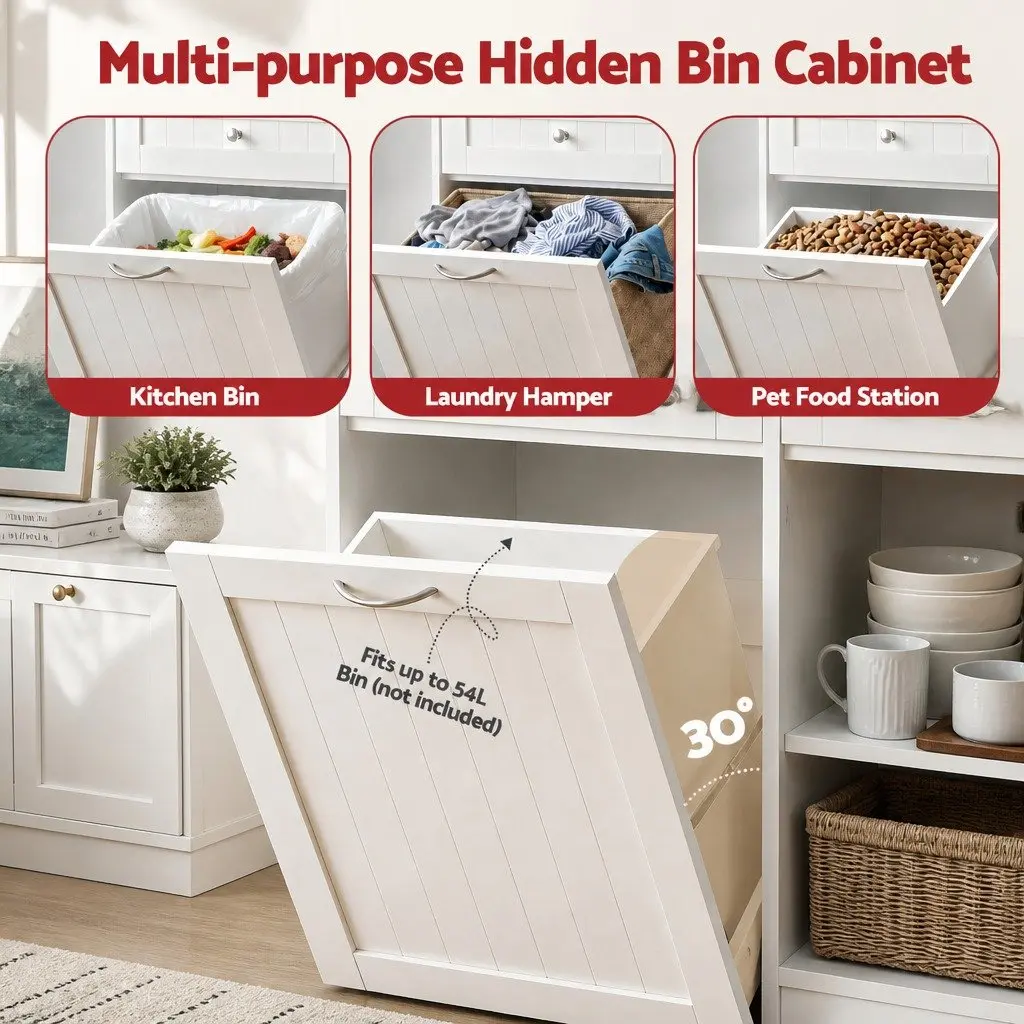 Buffet Sideboard Cabinet White Tilt Out Bin Holder Kitchen Storage Cupboard 100cm Particle Board