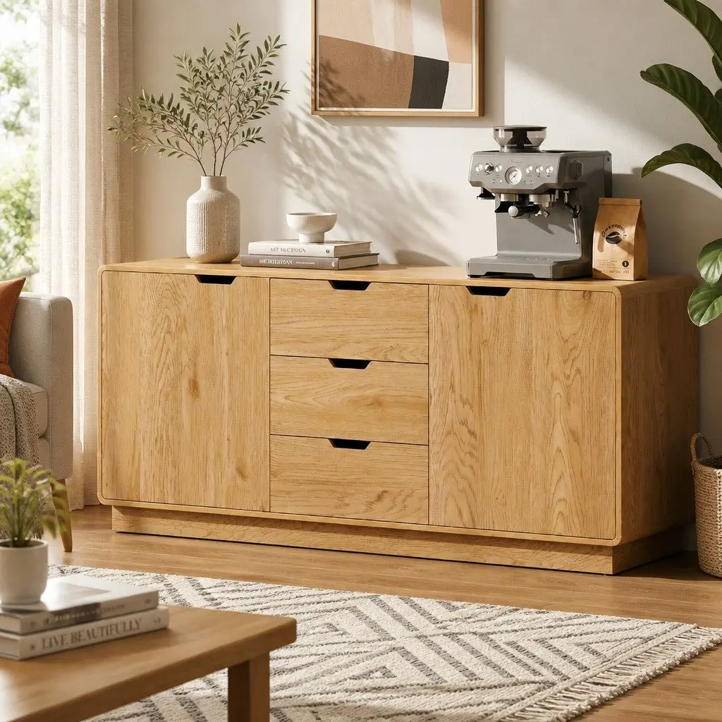 Buffet Sideboard Cabinet Oak 160cm Particle Board MDF with Solid Wood Accents