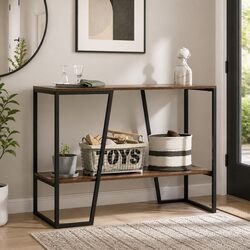 Cora Console Table with 2-Tier Shelves in Walnut and Black