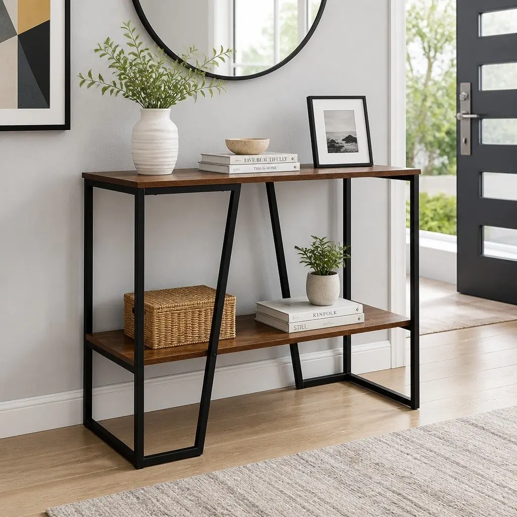 Console Table Industrial 106CM 2-Tier Storage Shelves Particle Board Metal Frame Walnut and Black