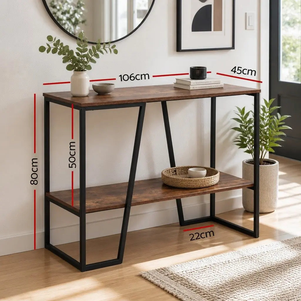 Console Table Industrial 106CM 2-Tier Storage Shelves Particle Board Metal Frame Walnut and Black