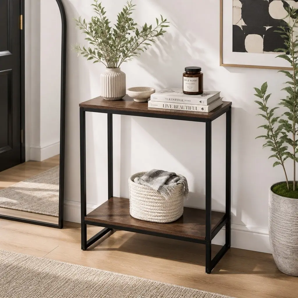 Console Table Industrial 106CM 2-Tier Storage Shelves Particle Board Metal Frame Walnut and Black