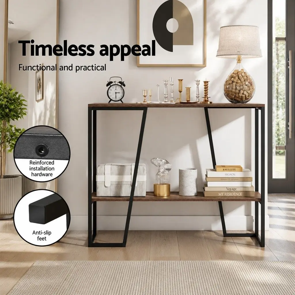 Console Table Industrial 106CM 2-Tier Storage Shelves Particle Board Metal Frame Walnut and Black