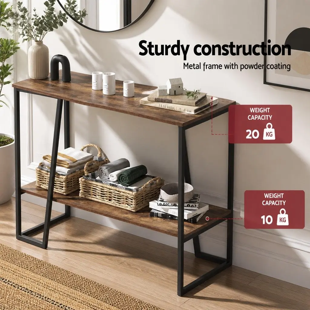 Console Table Industrial 106CM 2-Tier Storage Shelves Particle Board Metal Frame Walnut and Black
