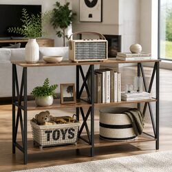 Walnut and Black Metal Console Table with 3-Tier Shelves