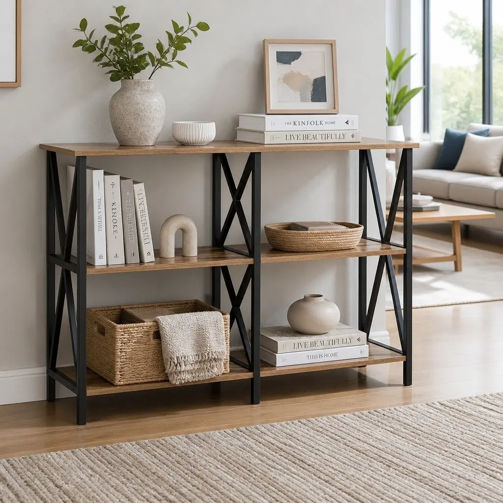 Walnut and Black Metal Console Table with 3-Tier Shelves