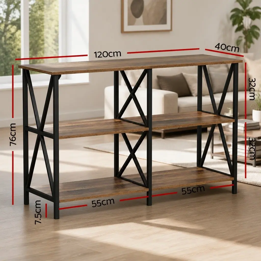 Walnut and Black Metal Console Table with 3-Tier Shelves