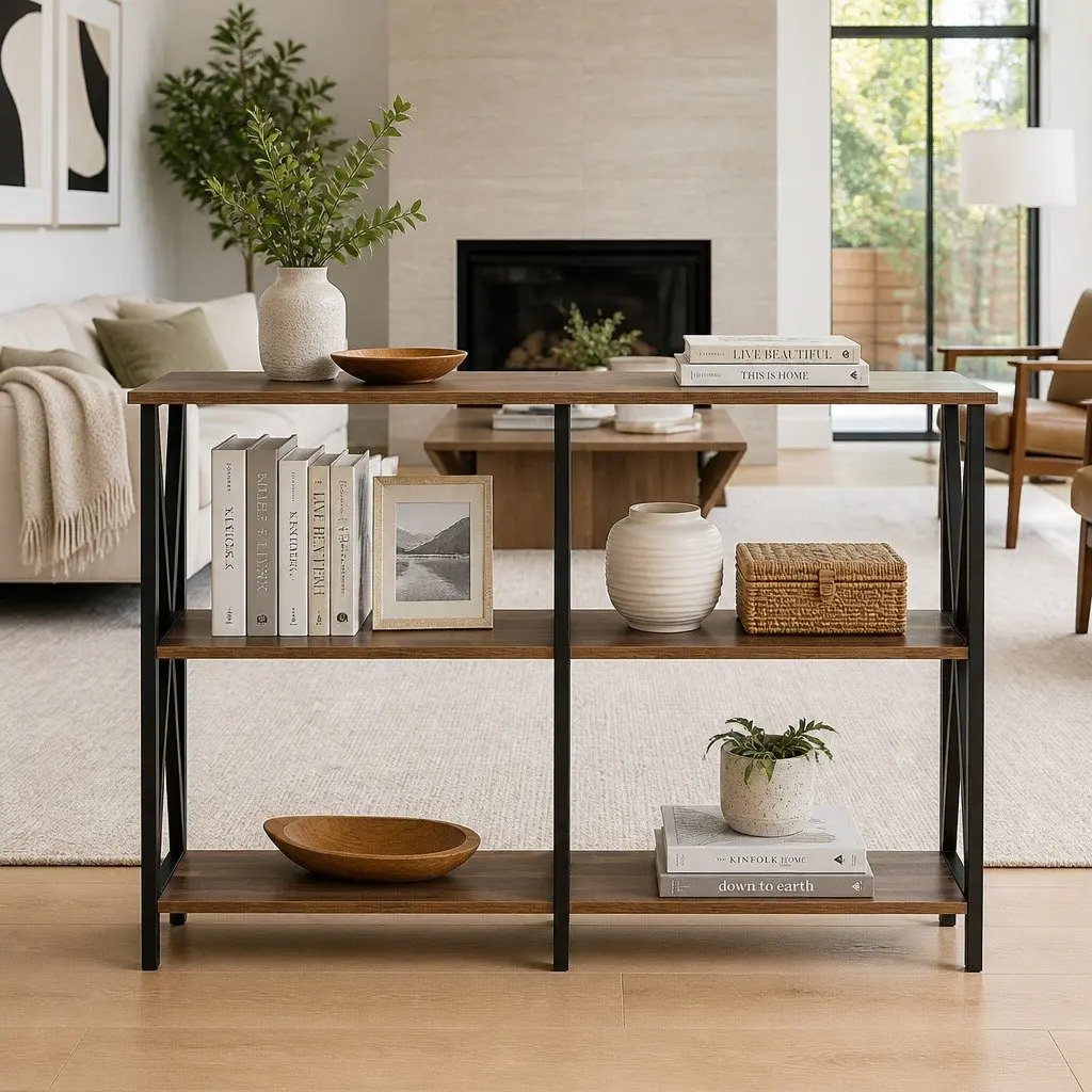 Walnut and Black Metal Console Table with 3-Tier Shelves