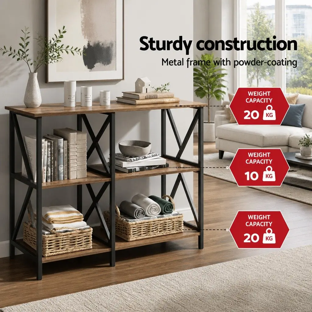 Walnut and Black Metal Console Table with 3-Tier Shelves