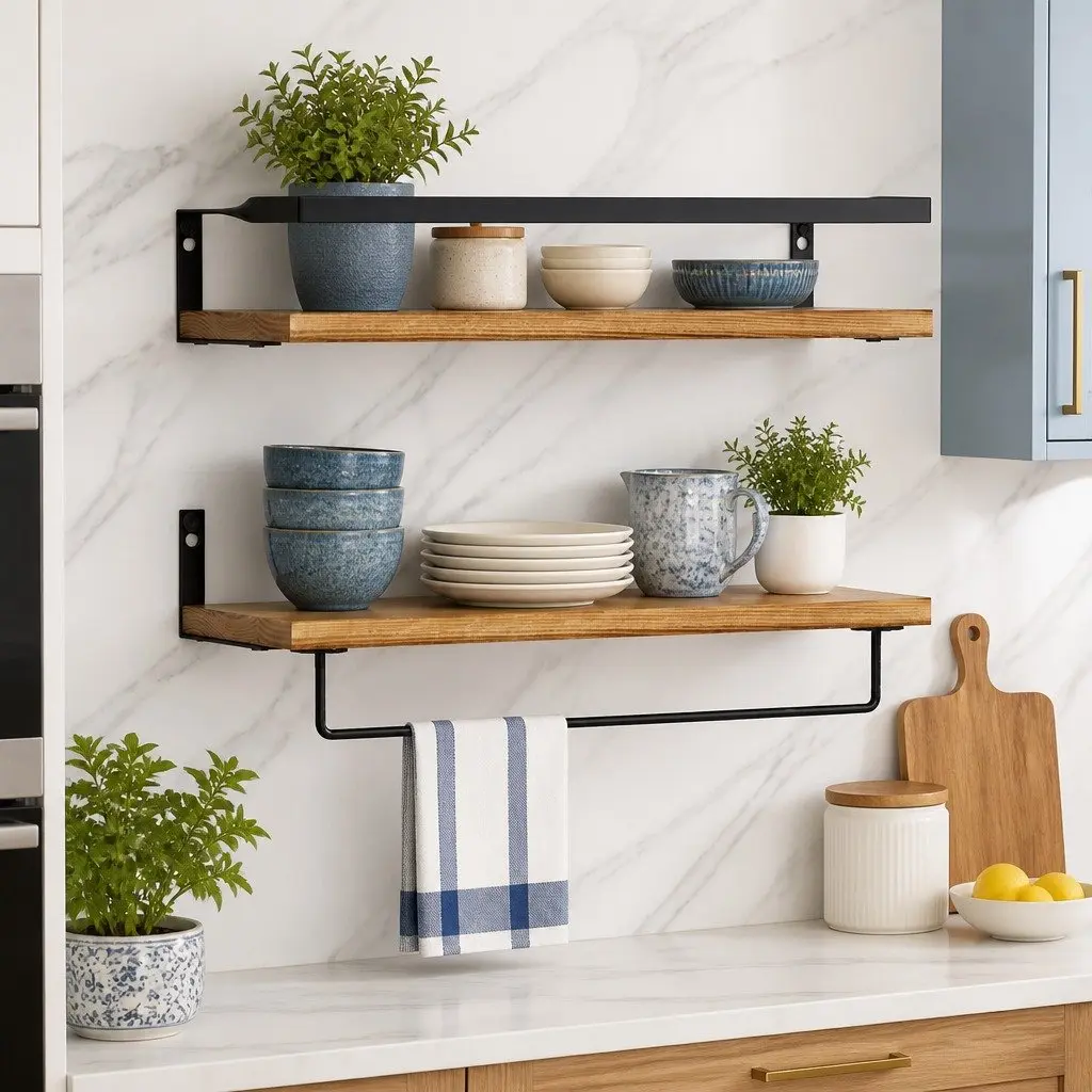 Set of 2 Floating Wall Shelves in Pine Wood