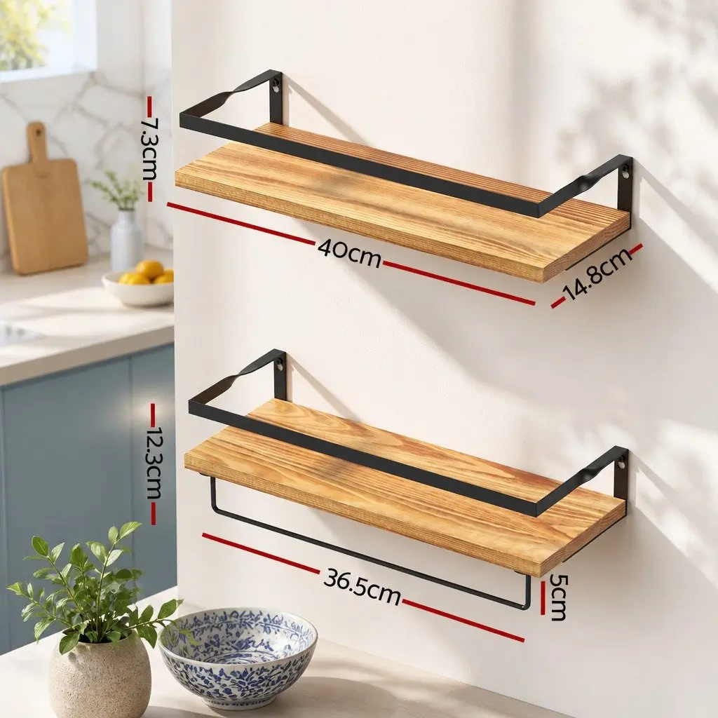 Floating Wall Shelf Set of 2 Pine Wood Storage Display with Metal Brackets 40cm x 14.8cm x 7.3cm Pine and Black