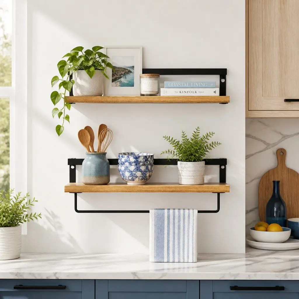 Floating Wall Shelf Set of 2 Pine Wood Storage Display with Metal Brackets 40cm x 14.8cm x 7.3cm Pine and Black