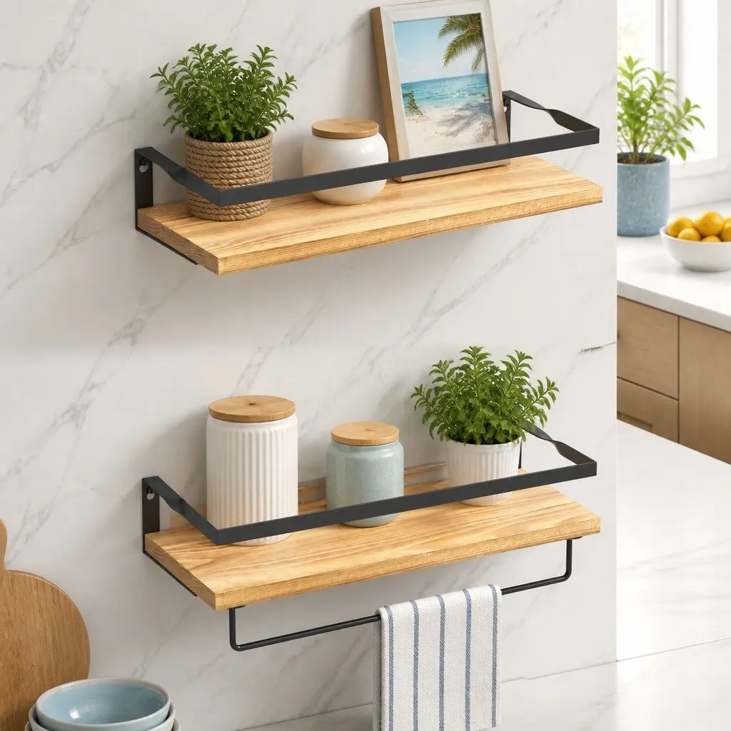 Floating Wall Shelf Set of 2 Pine Wood Storage Display with Metal Brackets 40cm x 14.8cm x 7.3cm Pine and Black