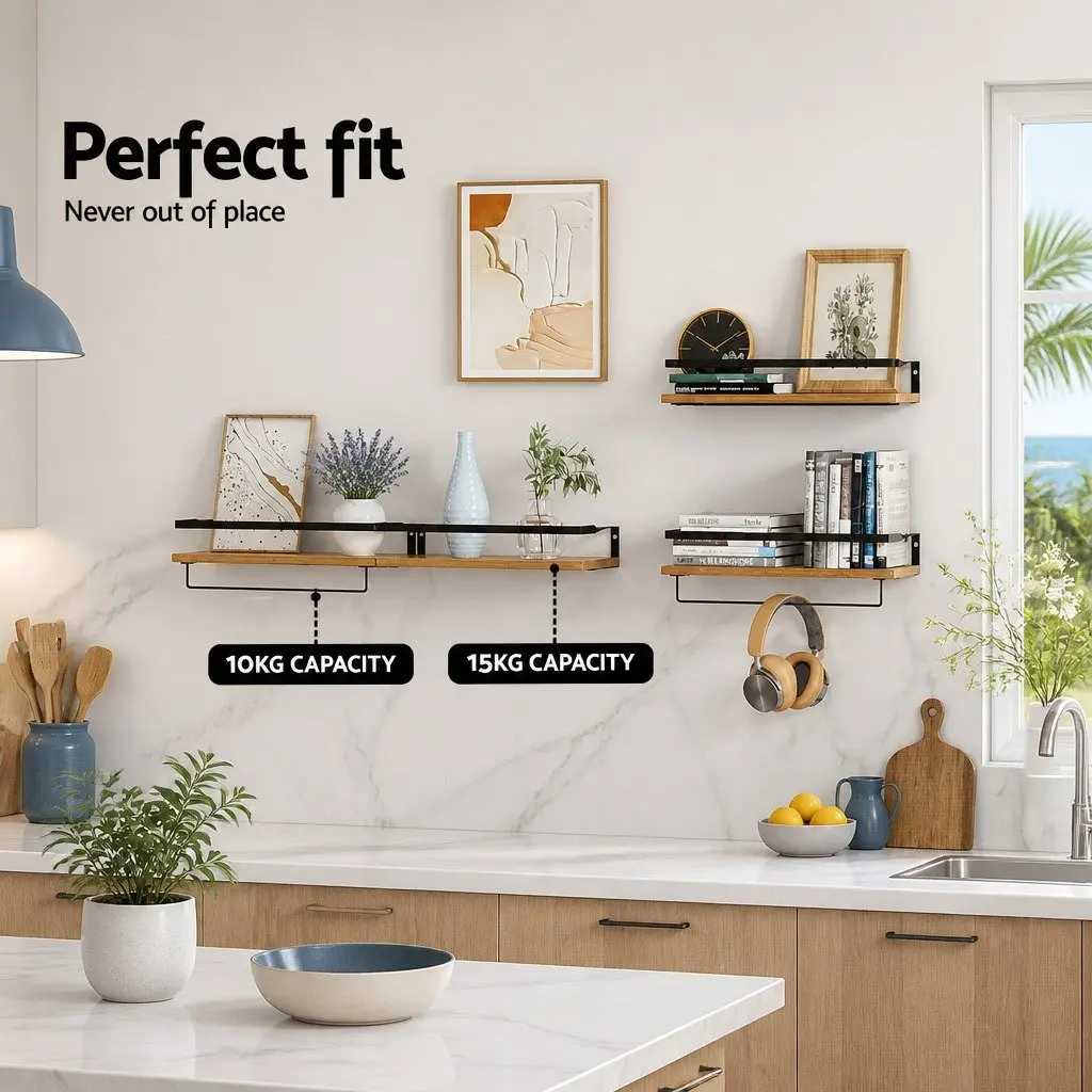 Floating Wall Shelf Set of 2 Pine Wood Storage Display with Metal Brackets 40cm x 14.8cm x 7.3cm Pine and Black