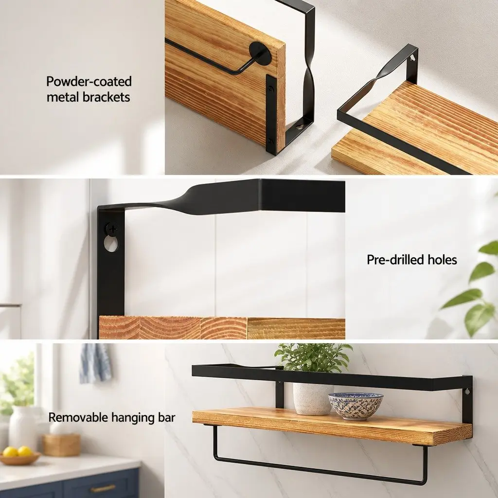 Floating Wall Shelf Set of 2 Pine Wood Storage Display with Metal Brackets 40cm x 14.8cm x 7.3cm Pine and Black