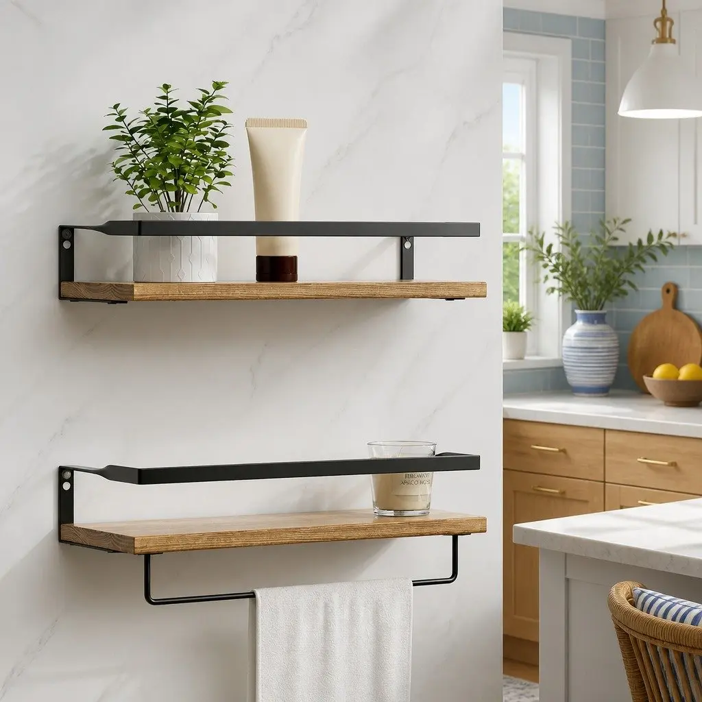Floating Wall Shelf Set of 2 Pine Wood Storage Display with Metal Brackets 40cm x 14.8cm x 7.3cm Pine and Black