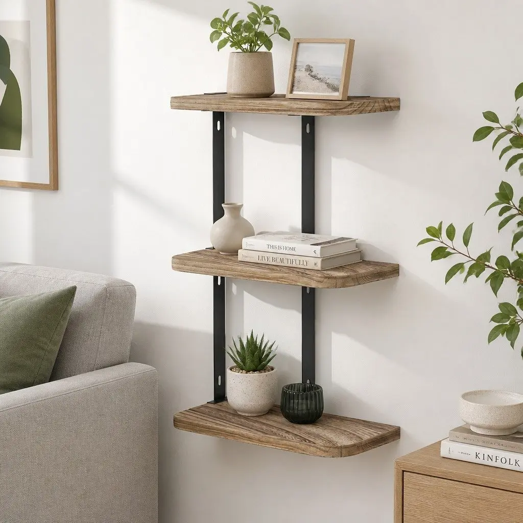 Rust Oak and Black Floating Wall Shelf with 3-Tiers