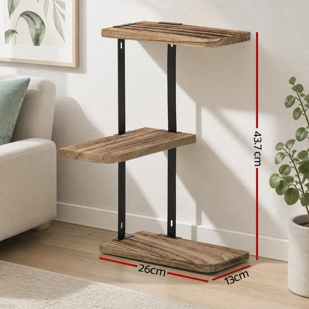 Floating Wall Shelf 3-Tier Rust Oak Black Paulownia Wood with Metal Brackets