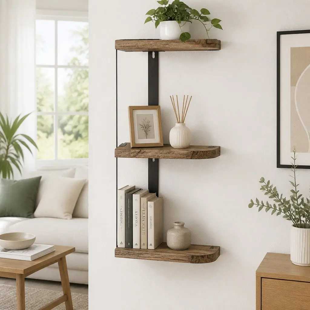 Floating Wall Shelf 3-Tier Rust Oak Black Paulownia Wood with Metal Brackets