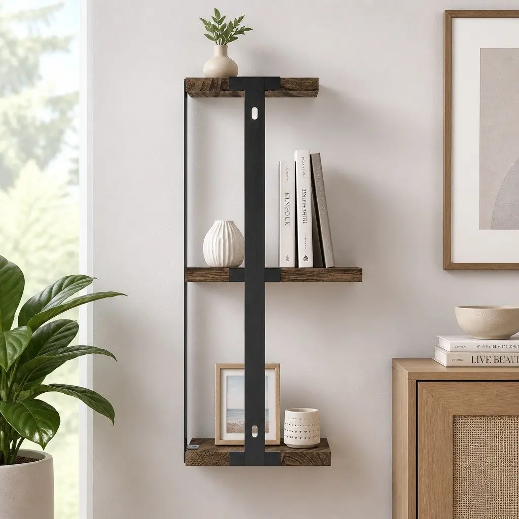 Floating Wall Shelf 3-Tier Rust Oak Black Paulownia Wood with Metal Brackets