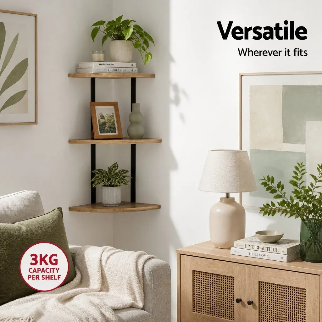 Floating Wall Shelf 3-Tier Rust Oak Black Paulownia Wood with Metal Brackets