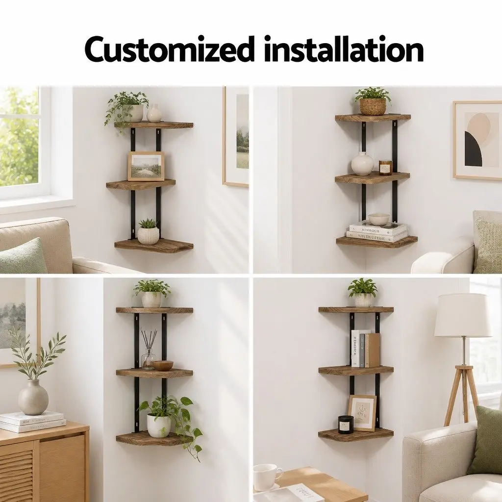 Floating Wall Shelf 3-Tier Rust Oak Black Paulownia Wood with Metal Brackets