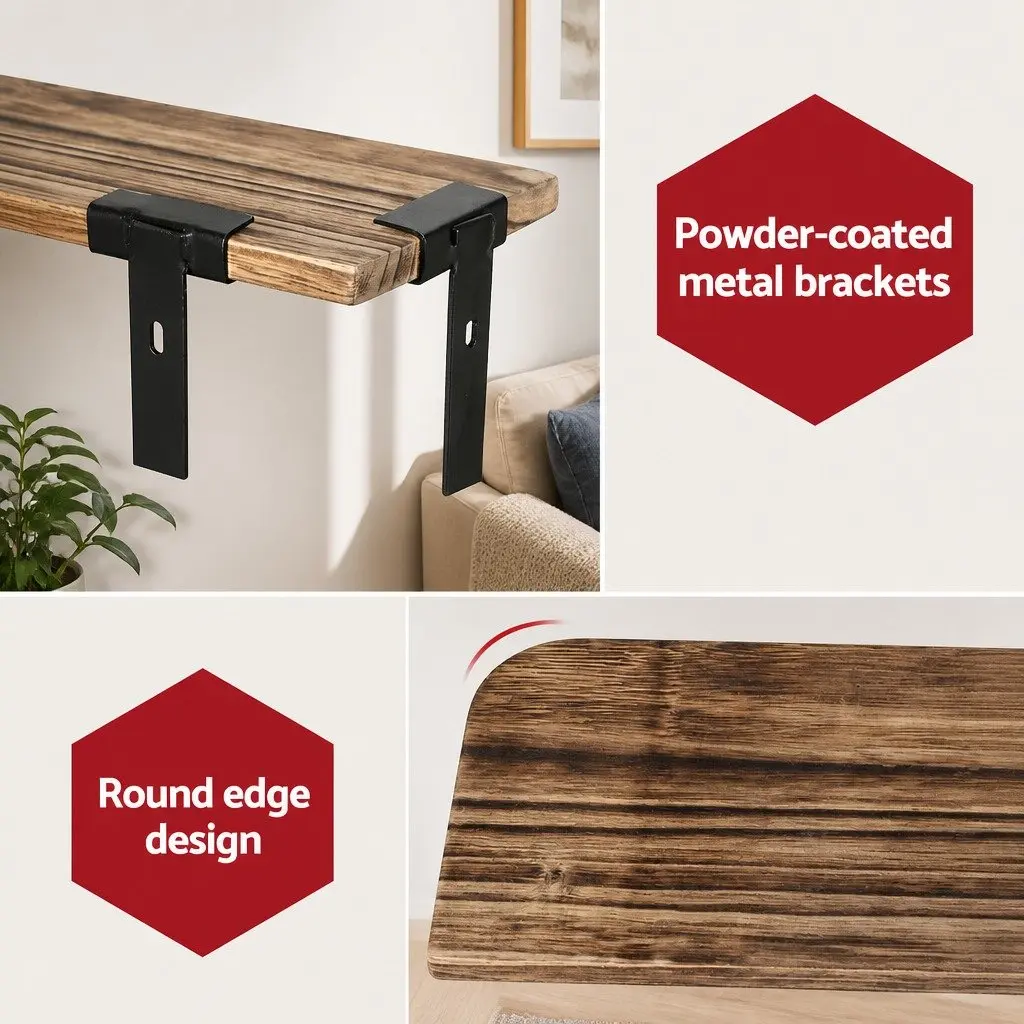 Floating Wall Shelf 3-Tier Rust Oak Black Paulownia Wood with Metal Brackets
